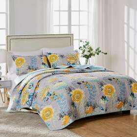 Quilt & Shams Set 636047411907 King Blue Gray Yellow Bedding Cotton Floral Reversible Bed Cover