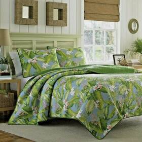 Mpn61522 Quilted Bedding Set Tropical Quilt Twin Green Blue Floral Leaves Reversible Cotton Shams