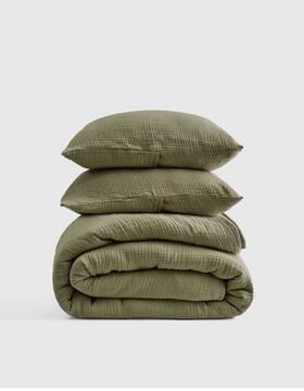 54396 Quince Nwt Organic Airy Gauze Dream Quilt Set King Cal Olive Cotton 200