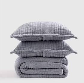 55149 Quince Nwt Organic Cotton Channel Stitch Coverlet Set Full Queen Blue Quilt 140