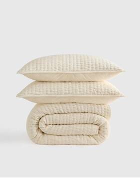 Quince 5863 Nwt European Linen Cotton Stitch Quilt Set Full Queen Ivory Msrp 220