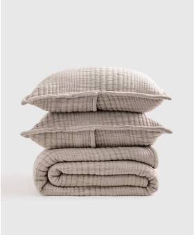 60458 Quince Nwt Organic Cotton Channel Stitch Coverlet Set King Cal Taupe 170