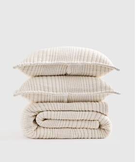 70162 Quince Nwt Organic Cotton Channel Stitch Coverlet Set Full Queen Undyed Ret 140