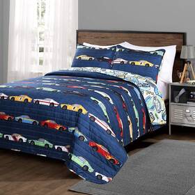 Race Car Theme Quilt Set 818223645690 Queen Blue Red Yellow Reversible Pillow Sham Boy Girl Bedding