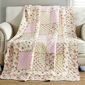 Reaowazo 742010454168 Qucover Pink Floral Quilted Blanket 100% Cotton Patchwork Quilts Singl