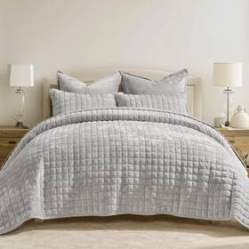 Recyco 313105623600 Velvet Quilt Set Full Queen Frost Gray Soft Lightweight Bedspread 2 Shams