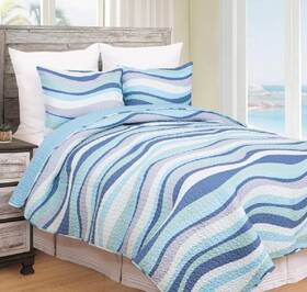 Reversible Quilt Set 008246557388 Nautical Bedding Queen Blue Gray Ocean Sea Waves Shams