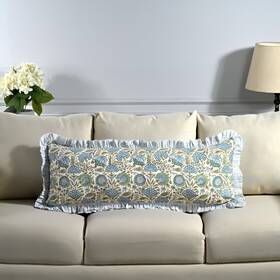Rpcrulm72-1436 Ridhi Block Print Asparagus Green 36 Inch X14 Set 1-100% Cotton Ruffle Lumbar Sha