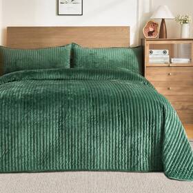 Vqs-king-green1 Romrol Luxury Velvet Quilt Set King Size 3 Pieces Soft Cozy Oversized Striped
