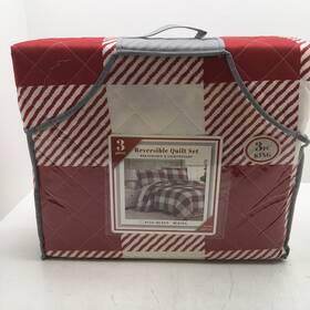 Bshwr311k Rt Designers Collection White And Red Check Reversible 3 Pc Quilt Set King Nwt