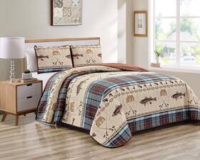 Rugs 4 Less 313050650607 River Fly Fishing Themed Rustic Cabin Lodge Quilt Stitched Bedspread Bedding Set