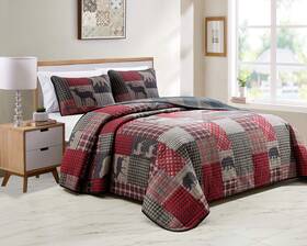 Rugs 4 Less 665752480816 Rustic Log Cabin Lodge Quilted Grey Charcoal Deep Red Reversible Plaid Bear Patc