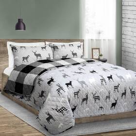 Safdie & Co. 688466050373 And Quilt Set King Reversible Grey Deer Queen 3pc