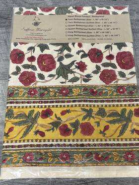 111995 Saffron Marigold Hand Printed Luxury Indian Bedding Twin Bedspread 90 Inch X 70