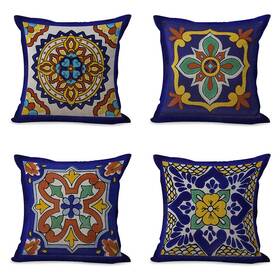 Semtomn 332931261239 Set Of 4 Linen Throw Pillow Covers Spanish Talavera Exotic Geometry Dark Retr
