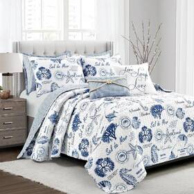 16t005899 Seven Piece Quilt Set Coastal Queen Blue White Reversible Sea Life Bedding New