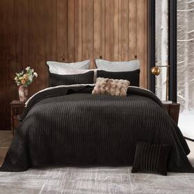 Y21021-fq-dbr Shalala New York Velvet Quilt Queen Size Vertical Striped Bedding Set Lightweight Velv