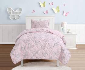 Sleeping Partners 812091035591 2 Piece Shimmering Metallic Butterfly Quilt Set Pink - Twin