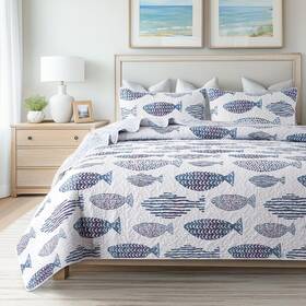 Slpr 810079597321 Sea Of Dreams 3-piece Quilt Set - Queen Size With 2 Shams Blue And Whit