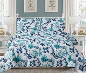 Smuge 192408584395 3-piece Green Seascape Lightweight Quilt Set Beach Ocean Themed Bedspread Cov