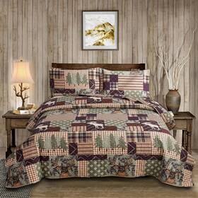 Tl01-q Smuge 3-piece Moose Pine Tree Reversible Quilt Set Checked Color Stripe Rustic Hom