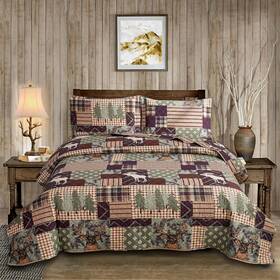 Tl01h-k Smuge 3-piece Moose Pine Tree Reversible Quilt Set Checked Color Stripe Rust