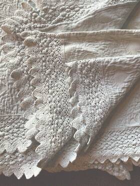 101206 Soft Surroundings Queen Embroidered Edge French Quilted Barely Blue Bedspread