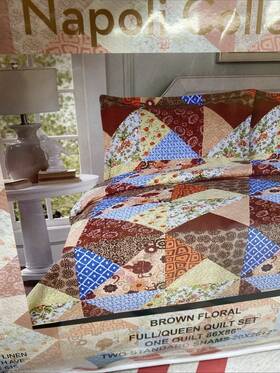 Spirit Linen 659066001669 Vintage Patchwork Quilt 3pc Set Brown Floral Cottage Country 86x86 Full Queen