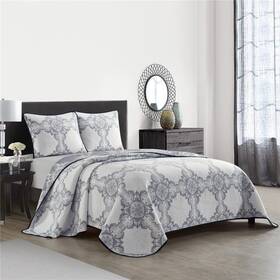 Stratford Park 810069484532 Beige Navy 3 Piece Quilt Set Bed Size Queen Microfiber Double Pinsonic Quil