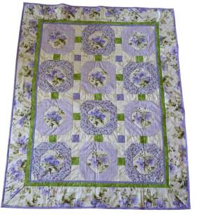 Sues Creating Cottage 723098087097 Handmade Lap Quilt 48x58 Inches Lavender Green White Cotton Floral Pattern