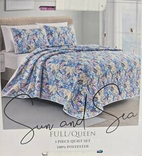 31670 Sun And Sea Queen/ Full 3 Pc Quilt Set Coastal Nautical Fish Coral Starfish