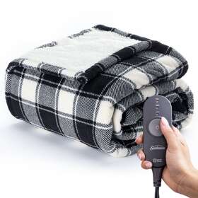 17050 Sunbeam Heated Electric Throw Blanket Cozy Sherpa Black Buffalo Checker 50 Inch X 60