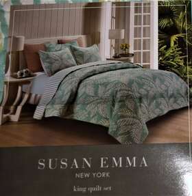 6313st Susan Emma 3 Pc King Quilt Set Reversible Cover Shams Eau Palma Tropical