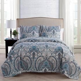 Lwr-3qt-fuqu-in-blue Textiles From Europe Vcny Home Lawrence 3-piece Blue Damask Quilt Set Full/queen Adult Unisex