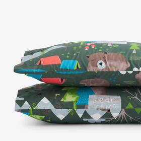 The Company Store 313088274257 Kids Green Multi Bear Camp Cotton Percale Standard Pillowca