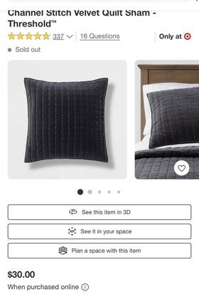 Threshold 490601546869 1 Euro Channel Stitch Velvet Quilt - Dark Gray