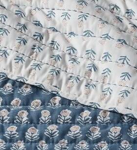 86298473 Threshold King Printed Wood Block Voile Reversible Quilt Blue Floral- See Photos