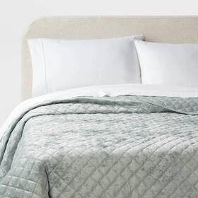 88665986 Threshold Full/queen Luxe Diamond Stitch Velvet Quilt Light Teal Green -