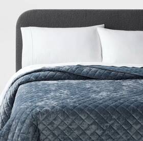 88665997 Threshold Full/queen Luxe Diamond Stitch Velvet Quilt Slate Blue - New