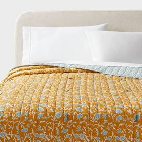 89209357 Threshold Full/queen Earthy Vines Quilt Mustard Yellow/teal Blue -