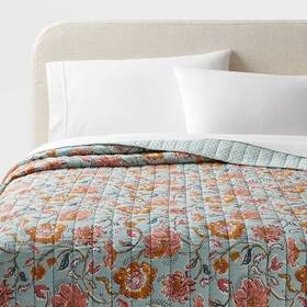 89209417 Threshold King Earthy Vines Quilt Light Teal Blue/mustard Yellow/light Pink Floral