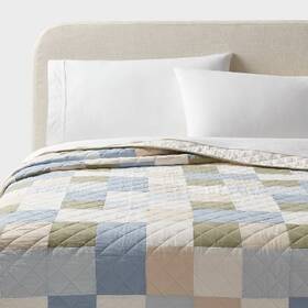 89209907 Threshold Full/queen Pieced Patchwork Quilt Blue/ivory/green - Cotton Fabric