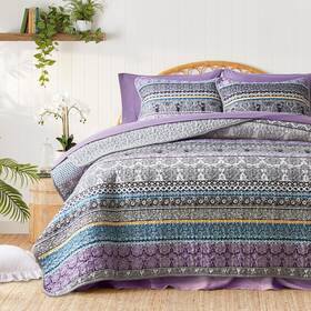 Tititada 445016163111 3 Pieces Colorful Bohemian Quilt Set Full Queen Size Purple N Grey Boho Striped