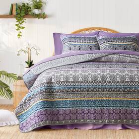 Qst05 Tititada 3 Pieces Colorful Bohemian Quilt Set Full Queen Size Purple N Grey Boho Stri