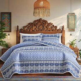 Qst2 Tititada 3 Pieces Bohemian Quilt Sets Queen Size Blue Striped Boho Tribal Geometric P