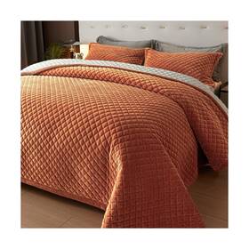 Th-0005-q-burnt Tohrisa Queen Size Velvet Quilt Set Ultra Soft 3 Pieces Bedding With 2 Pillow Shams