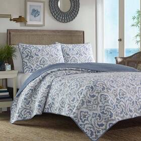 207908 Tommy Bahama Quilt Set 90 Inch X Full/queen Soft Cotton Graphic Blue 3-piece