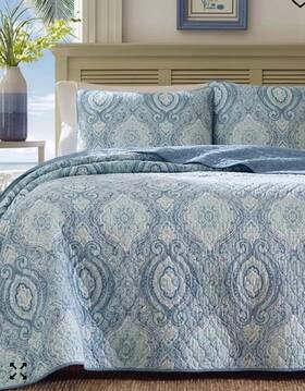 Tommy Bahama 883893476172 Turtle Cove Blue Twin Quilt Set 100% Cotton Reversible With Sham