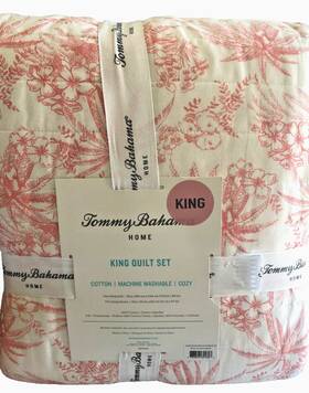 Tommy Bahama 883893897090 Pen And Ink Palm King Size Cotton Quilt 2 Sham Set Pink White