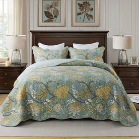 Travan 712109419002 3-piece Quilt Set Quilted Bedspread Cotton Coverlet Floral Printed Oversi